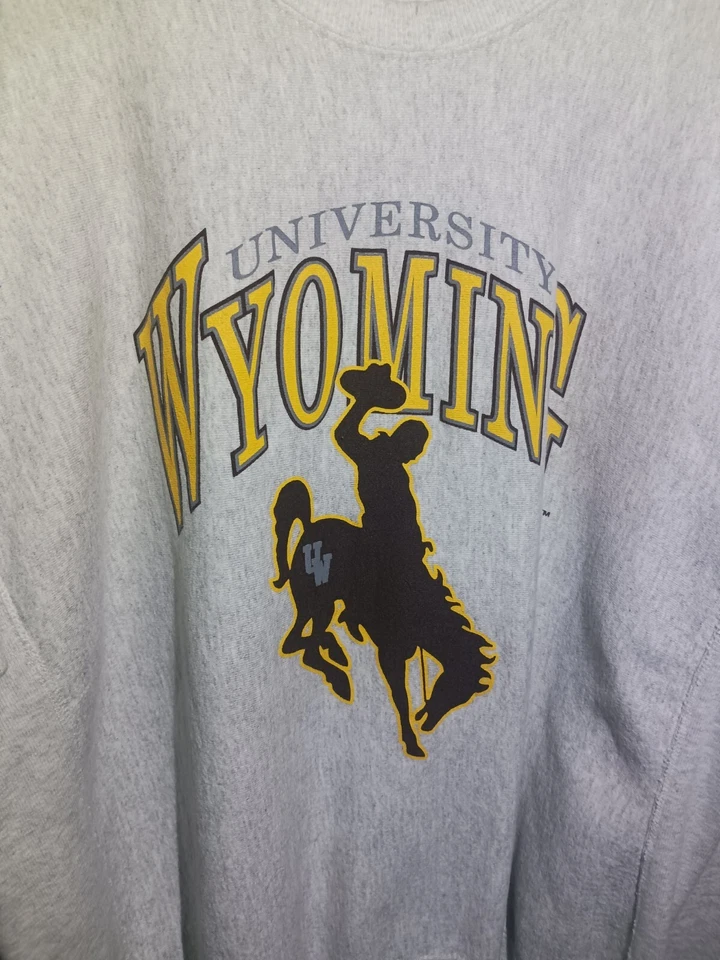 Sudadera Vintage Años 90 Universidad de Wyoming Vaqueros Gris Jaspeado Talla XXL Foto 3 de 4