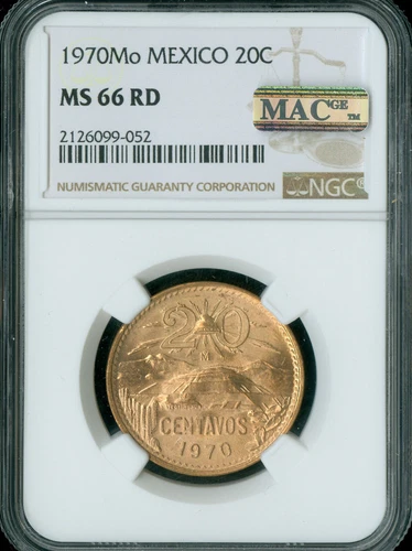 1970 MEXICO 20 CENTAVO  NGC MS66 RED PQ RARE MAC SPOTLESS *