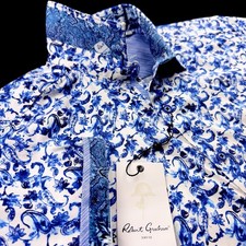 Robert Graham Paisley Floral Bold Print Short Sleeve Shirt Blue Medium 198
