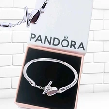 PANDORA Silver  Heart T Bar Snake Chain Charm Bracelet 599285C00 US SELLER 