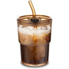 Thick Wall Reusable Glass Tumbler with Straw and Lid 13oz Iced Coffee Cup for