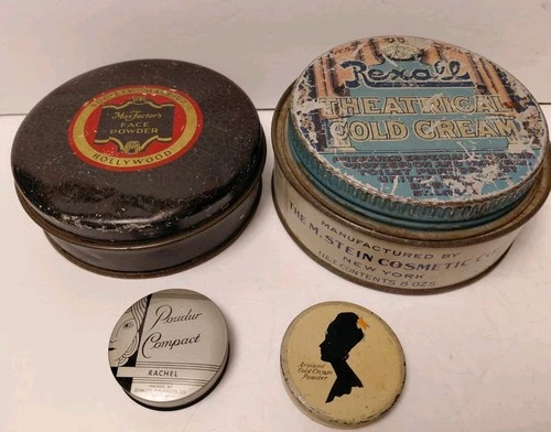 VINTAGE COSMETIC TIN LOT MAX FACTOR-RACHEL-REXALL-ARMAND, FACE POWDER-COLD CREAM