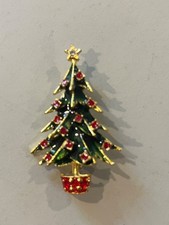 Christmas Tree pin green red gold 2&rdquo; Metal Enamel Rhinestone