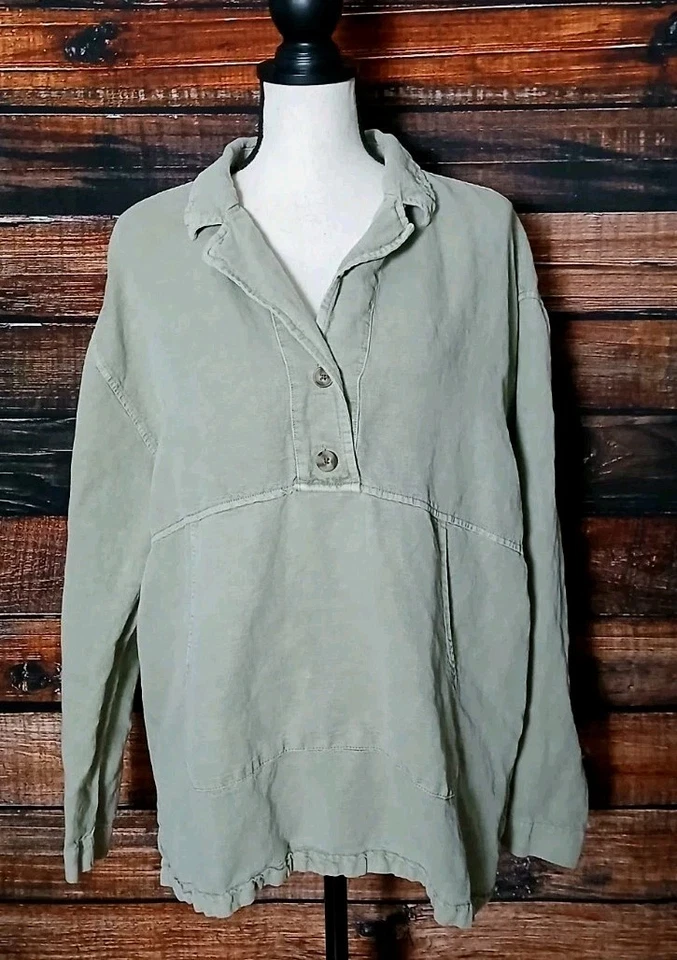 Nicole Miller Tunic Top XL Sage Green Popover Linen Lyocell Kangaroo Pocket  - Image 3 of 4