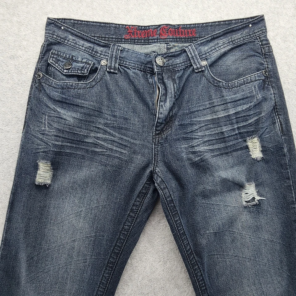 Xtreme Couture Jeans Mens 38x32 Blue Distressed Denim Straight Leg Embroidered - Image 2 of 4