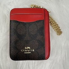 Coach Zip Card Case In Signature Canvas In Walnut Bold Red CW883 NWT