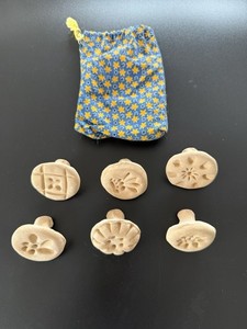 6 Vintage Hand-Molded Clay Cookie Or Pie Crust stamps With Fabric Storage Pouch