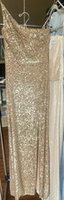 Gold Sequin One Shoulder Long Gown Dress Sleeveless Formal Women
