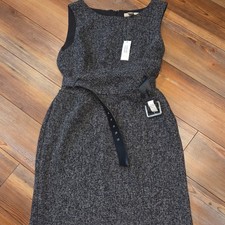 Banana Republic Petite 10P Tweed Sheath Dress Black White Belted Sleeveless