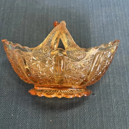 Vintage Fenton Colonial Amber Daisy & Button Split Handle Basket