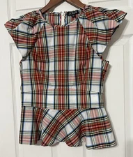 J. Crew Women’s Cap Sleeve Peplum Top Snowy Stewart Tartan Plaid Holiday NWT 4