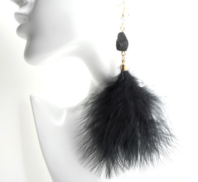 Bohemian Feather Earrings Druzy Black Women Pair 5'' Silver Plated
