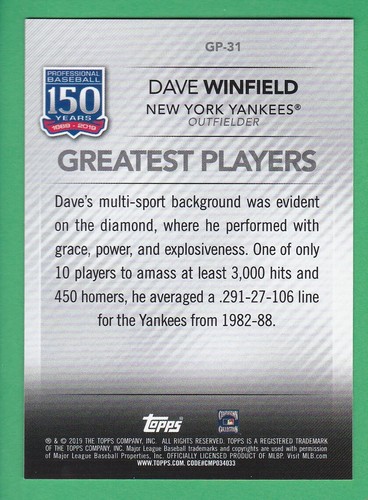 2019 Topps Series 2 #GP-31 DAVE WINFIELD 150 Years of Baseball Greatest Players - Picture 2 of 2