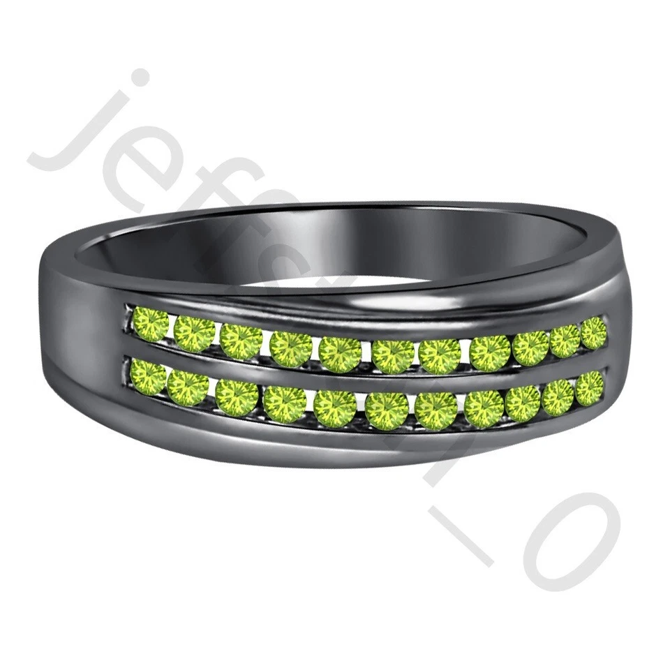 Alianza de boda para hombre de oro negro de 14 quilates con peridoto creado de 0,90 quilates sobre dos filas Foto 2 de 4