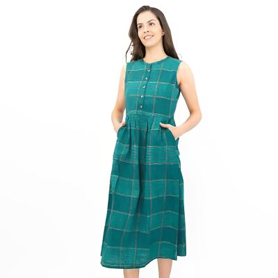 Seasalt Womens Dress Green Check Creek Cottage Midi Buttons Woven Pockets Cotton