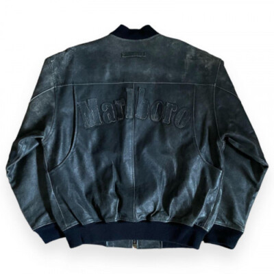ジャケット・アウター Marlboro Cow Leather varsity jacket Marlboro Back Logo Cowhide Varsity Jacket in Black, Size:F
