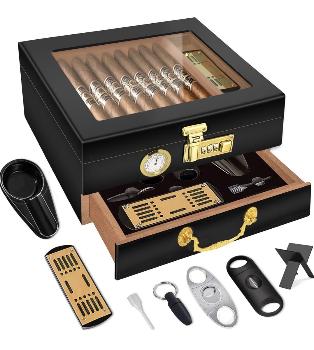 Luxury Peachwood Lined Glass Lockable Cigar Humidor with Drawer Holds 50  Cigars