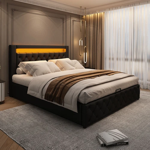 LED Light Functional Upholstered Bed with Slatted Frame and Storage Space - Picture 4 of 26