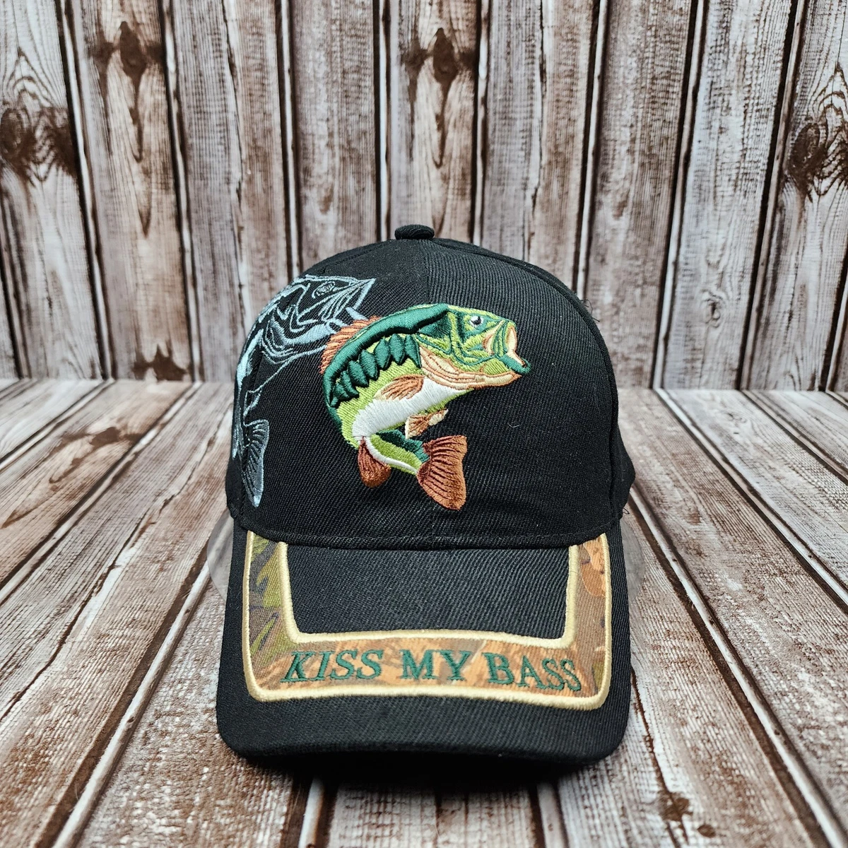 Kiss My Bass Fishing Baseball Cap Green Black Embroidered Fish Hat