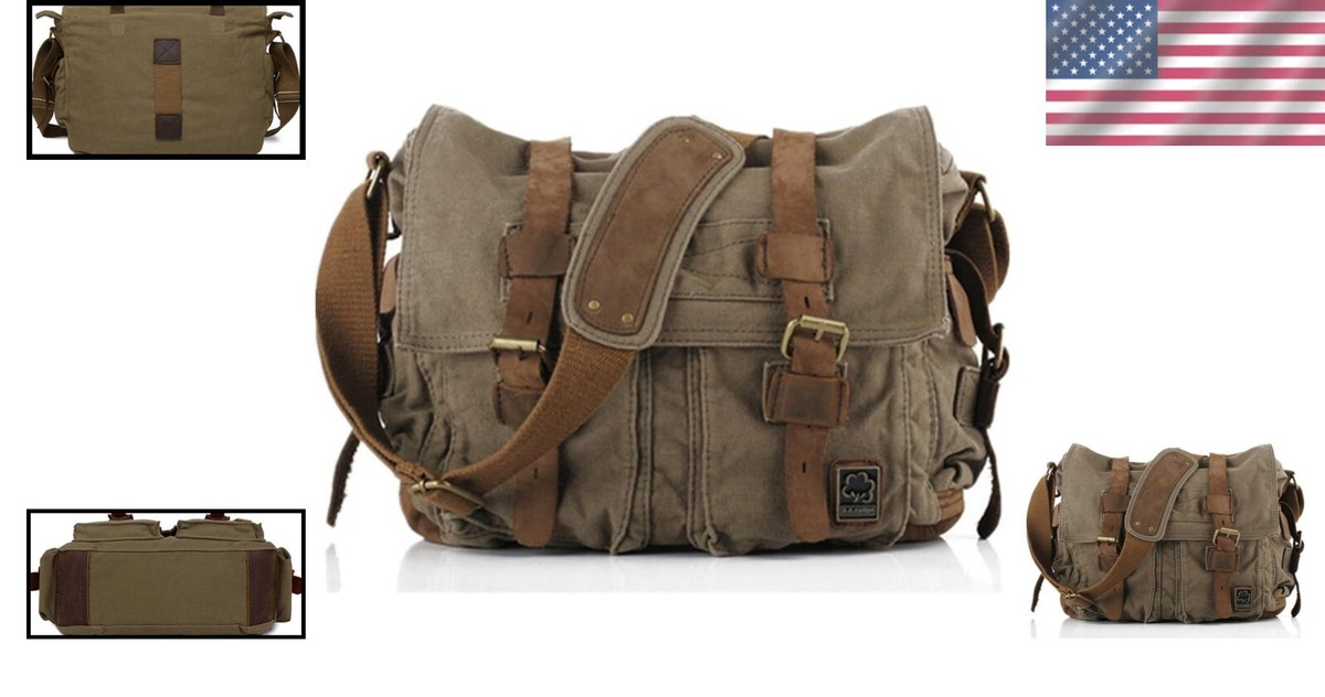 Vintage Military Canvas Leather Messenger Bag for 13-Inch Laptops