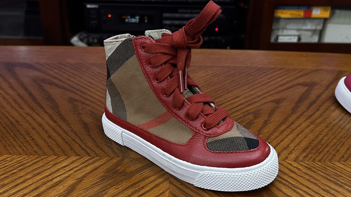Burberry Children Toddler High Top Sneakers Check Canvas Red Burberry Children Toddler High Top Sneakers Check Canvas Red