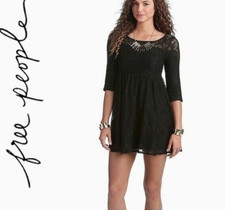 Free People Black Lace Illusion Sheer Lace Mini Dress LBD Size M