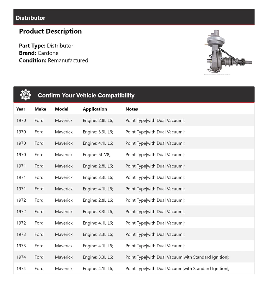 Ford Maverick 1970-1974 distribuidor Cardone 1971 1972 1973 Foto 2 de 4