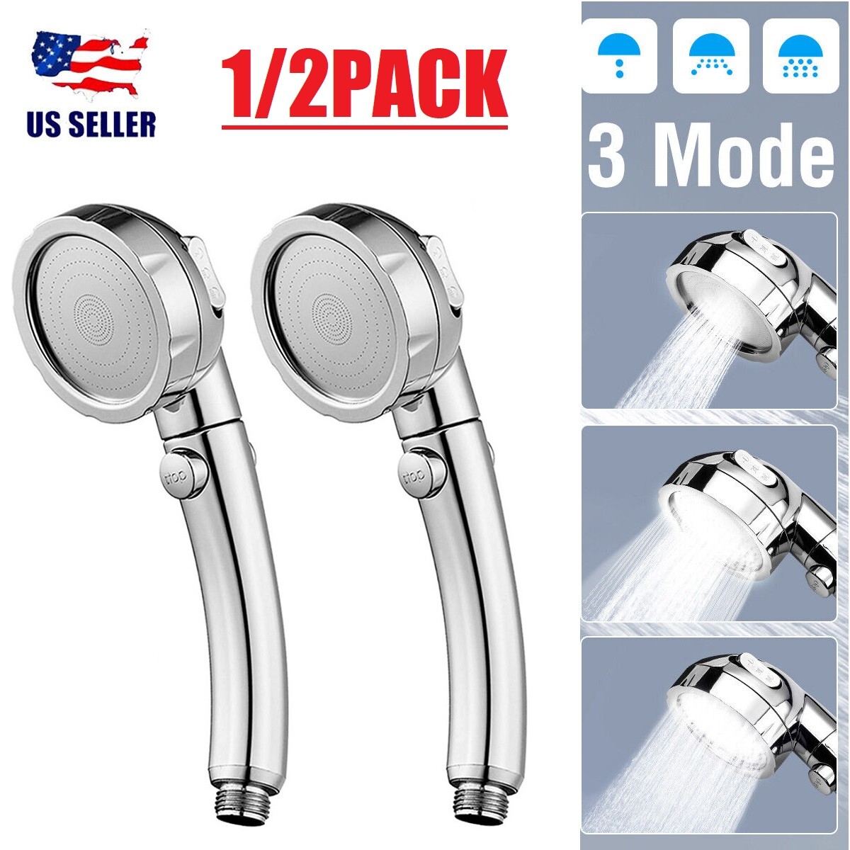 2Pcs High Pressure Turbo Shower Head 3 Spray Powerful Water Saving Hand Spray US