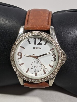 Bijoux Terner Silver Tone Round Crystal Accent 40mm Case Leather Band Watch