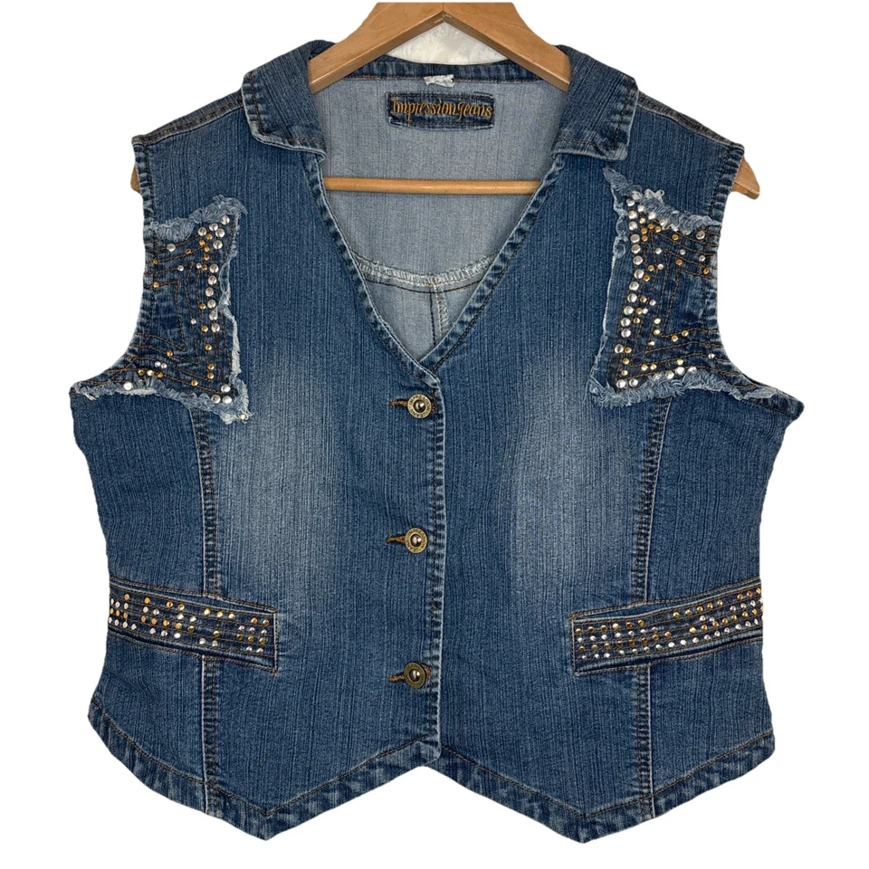 Винтажный состаренный вестерн с заклепками ослепительный джинсовой ткани‎ воротник жилет XXL панк 90-х гранж - Изображение 3 из 4