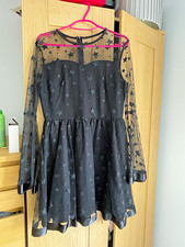 SHEIN Black Sheer Mesh Star Print Fit & Flare Dress Round Neck Long Sleeve M