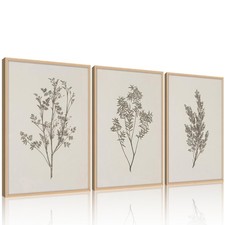 Framed Vintage Floral Wall Art   Set of 3 Large Beige Botanical Prints Mod