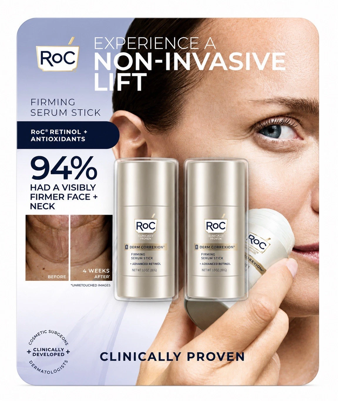 NEW ROC DERM CORREXION FIRMING 3 in 1 SERUM STICKS ADVANCED RETINOL, 2 PK 1oz Ea