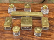 Antique Victorian Set Of Gilt Metal Dressing Case Perfume Vanity Bottles & Jars