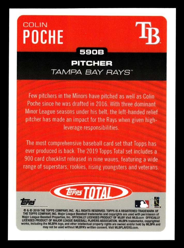 2019 Topps Total Black Parallel /5 #590B 590 Colin Poche Tampa Bay Rays - Image 2 of 2