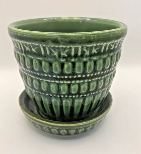 Vintage McCoy Pottery Avocado Dark Green Beaded Planter w/ Attached Saucer MCM