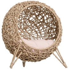 PawHut Wicker Cat House, Ball-Shaped Rattan Raised Cat Bed - Natural Wood Finish
