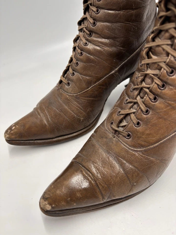 Vintage Edwardian Period Brown Leather Lace Up Boots 10” Long Heel Point Toe - Image 3 of 4