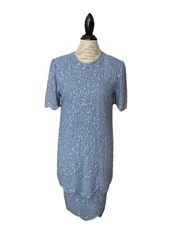 Brilliante by J.A. Women S Blue Beaded Layered Evening Flapper Dress Scallop Hem