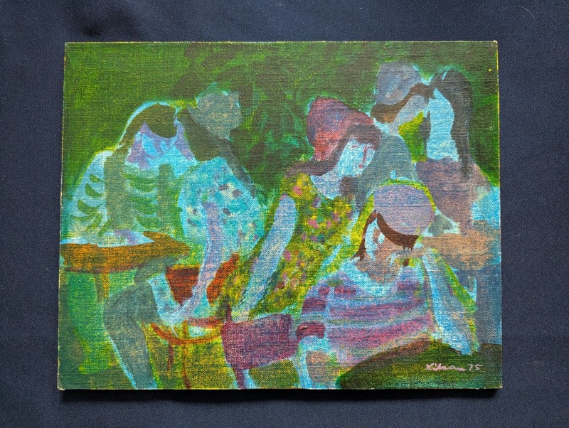 Gustav Likan original painting "Crowded Cafe" 1975 Signed and dated with COA