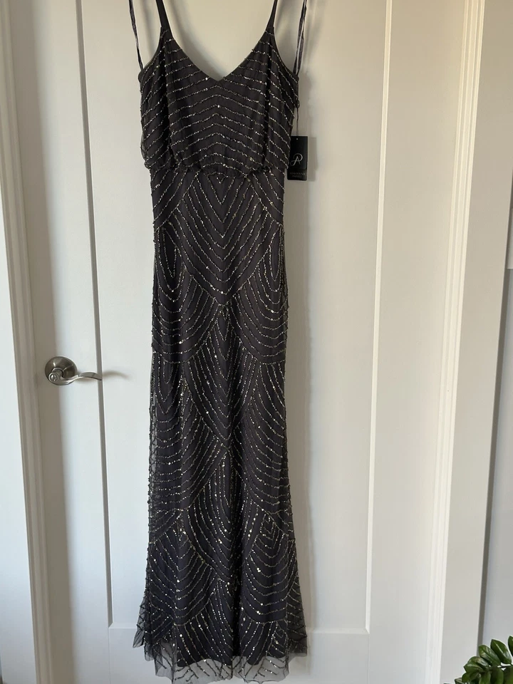 NWT $260 Adrianna Papell  Art Deco Beaded Blouson Gown in Gunmetal/Gold  Sz 12P - Image 4 of 4