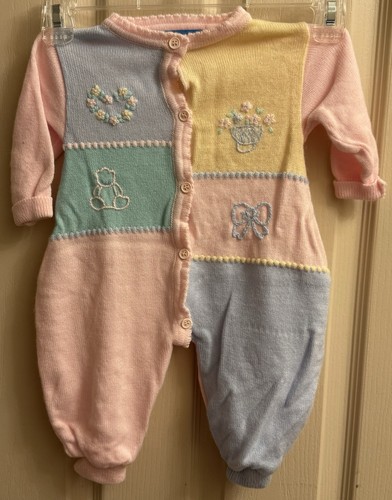 VTG 90s Pastel Patchwork Knitted Baby Romper Embroidered 3/6M Baby Superstore
