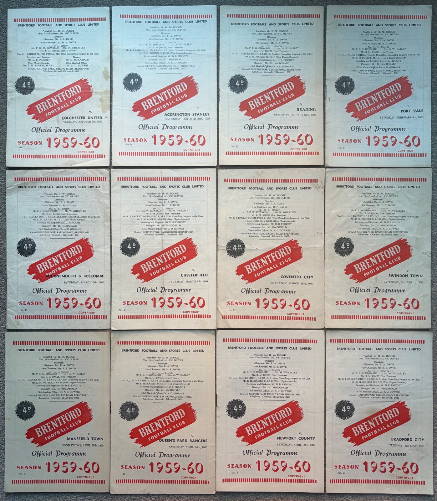 BRENTFORD FC 1959 1960 HOME FOOTBALL PROGRAMME COLLECTION Memorabilia BUNDLE LOT for sale on Ebay