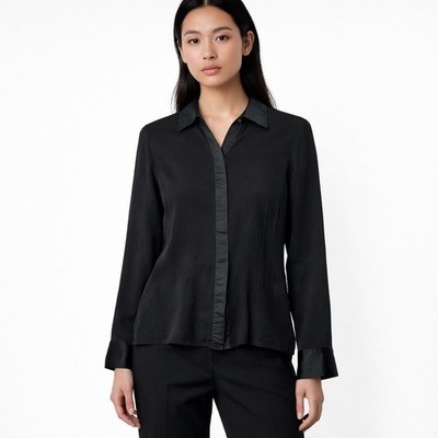 Talbots Silk Blouse 8 Black Long Sleeve Button Up Pintuck Satin Trim Pure Silk