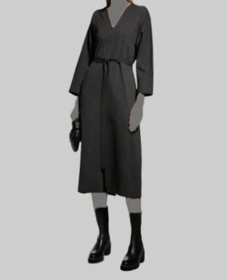 $276 MeimeiJ Women's Gray Tied Waist V-Neck Midi A-Line Dress Size IT42/US6