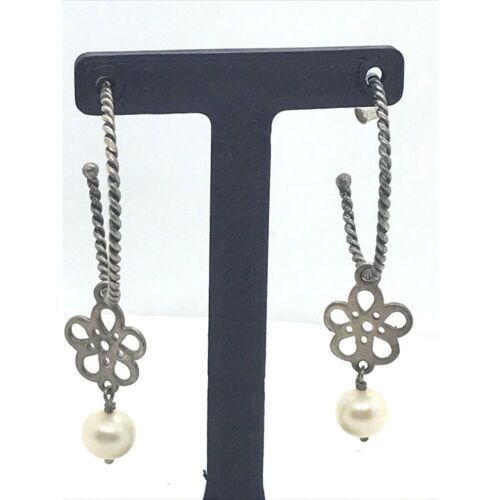 PANDORA 925 ALE Dangle Pearl Hoop Earrings signed Sterling Silver Unique rare