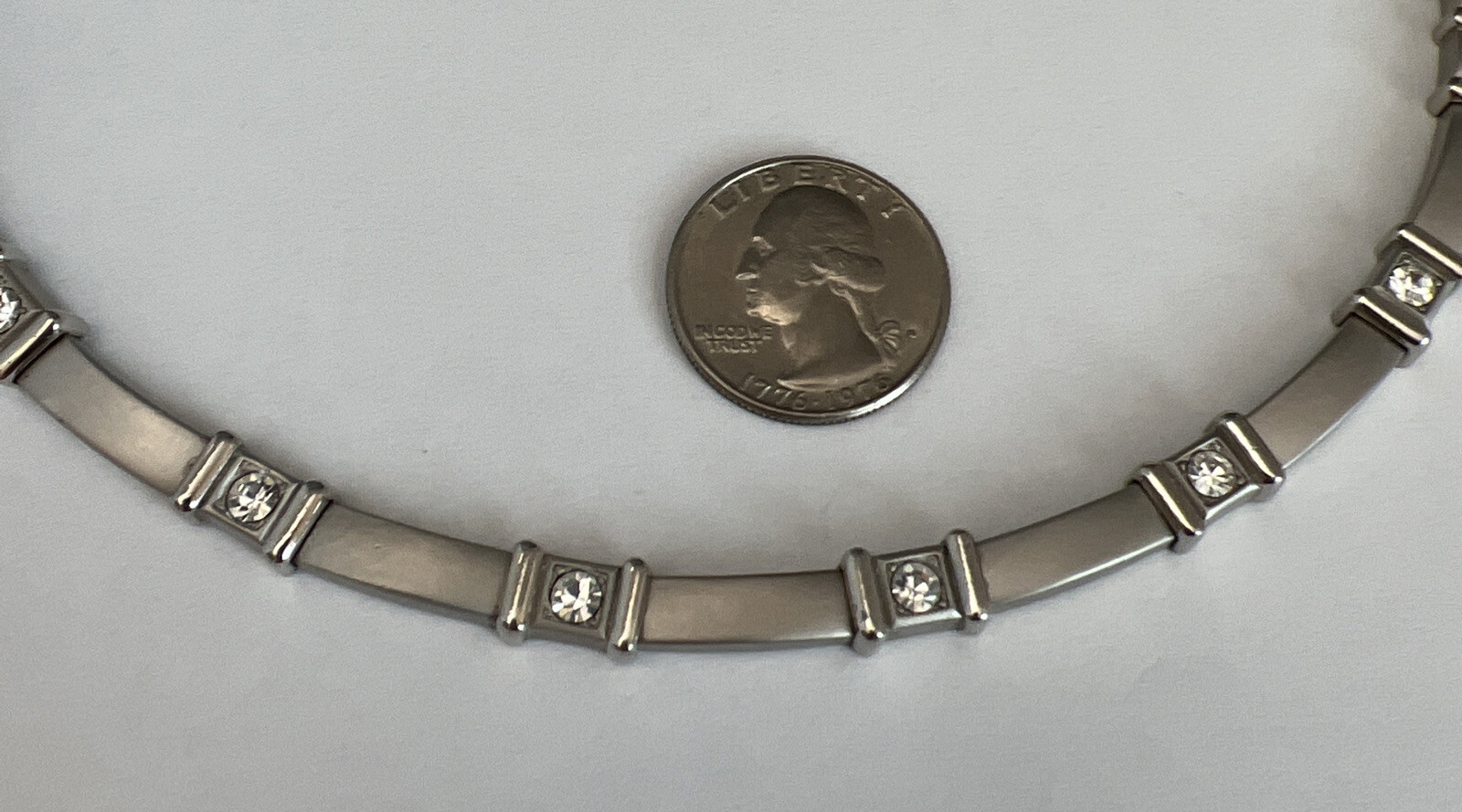 NECKLACE Silver Tone Solid Rectangular Links Rhin… - image 8