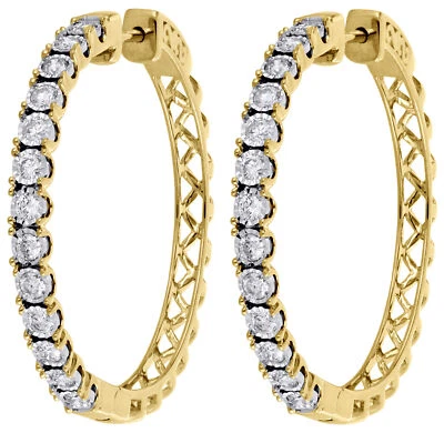 10K Gelbgold Diamant Einreihig Fassung 1,55" Creolen Huggie Ohrringe 1,50 CT - Bild 1 von 4
