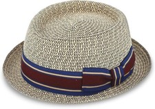 fiebig ® WALLKU STROHHUT HUT HÜTE SOMMER PORK PIE TRILBY BLAU NEU TREND