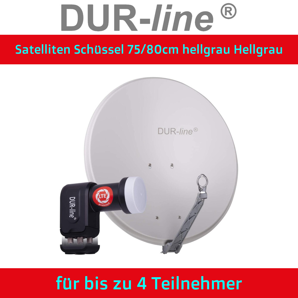 Sat Komplettanlage Profi Alu 4 Teilnehmer 75cm/80cm Hellgrau Quad Lnb